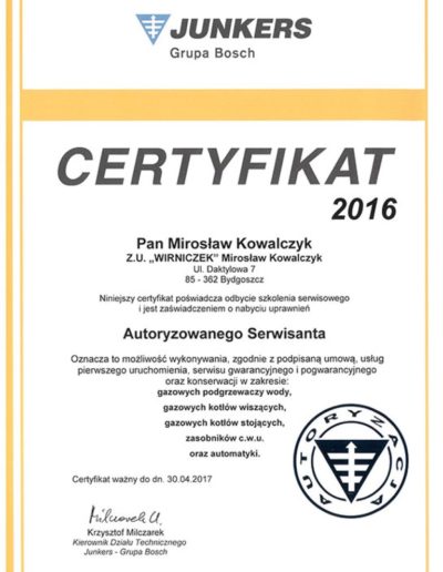 Certyfikat Junkers Pompy Ciepła Bydgoszcz Serwis